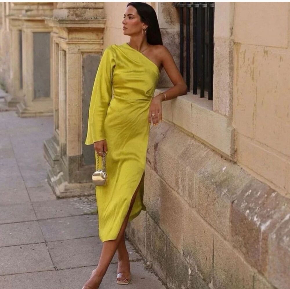 zara asymmetric dress green | Dresses | Zara Nwt Lime Ref 777451 Dresses with Sleeves Women's Daniela A-line Short Size:L/XL Drapirani detalji sa strane